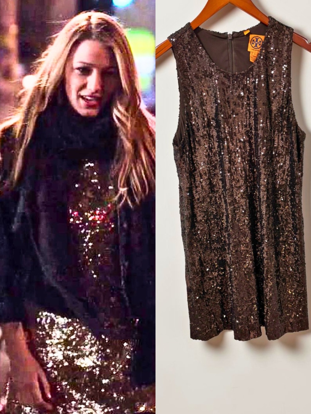 ICONIC Tory Burch Sequin Dress ASO Serena Van Der Woodsen Gossip Girl ALT Brown